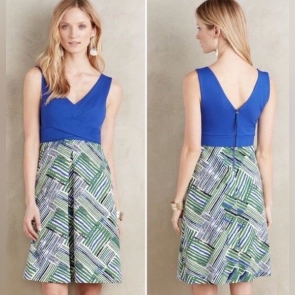ANTHROPOLOGIE HD In Paris Ardmore A-Line Blue Green Printed Mini Dress 6 NWT - Picture 2 of 13